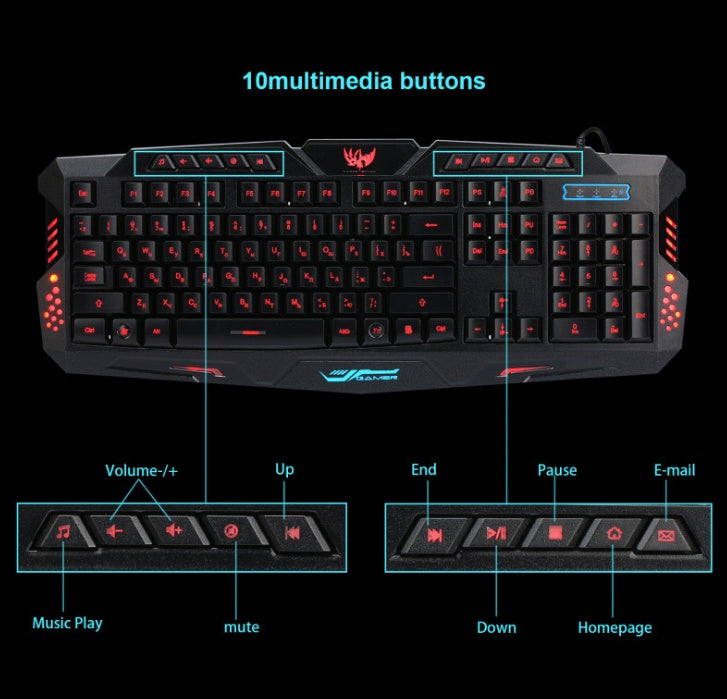 J10 tricolor backlight wired gaming keyboard set colorful luminous gaming mouse and keyboard