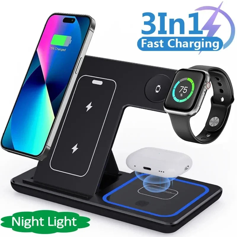 3 In 1 LED Fast Wireless Charger Stand Foldable Charging Station For Smart Phone 15 14 13 12 11 IWatch 9 8 7 6 5 and Airpods Pro